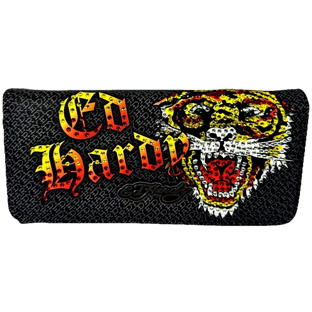 Ed Hardy Rhinestone Tiger Wallet Y2K Goth Punk Clutch Checkbook Style NWT